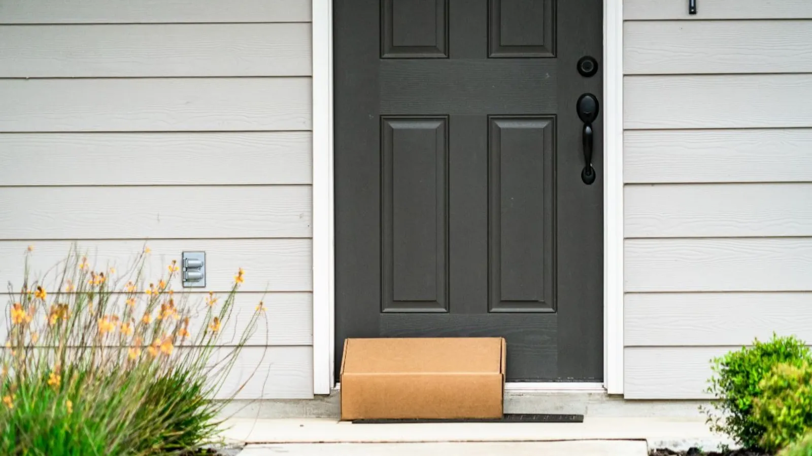 A cardboard box sealed with tape, sitting alone on a doorstep in morning light.